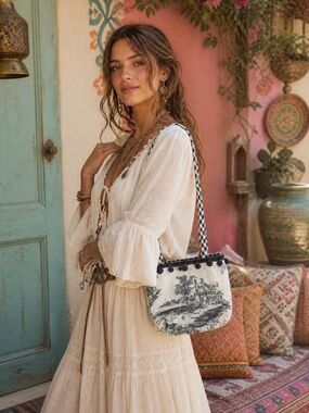 4/$15 Black & White Scenic Print Tote Bag Vintage Handmade